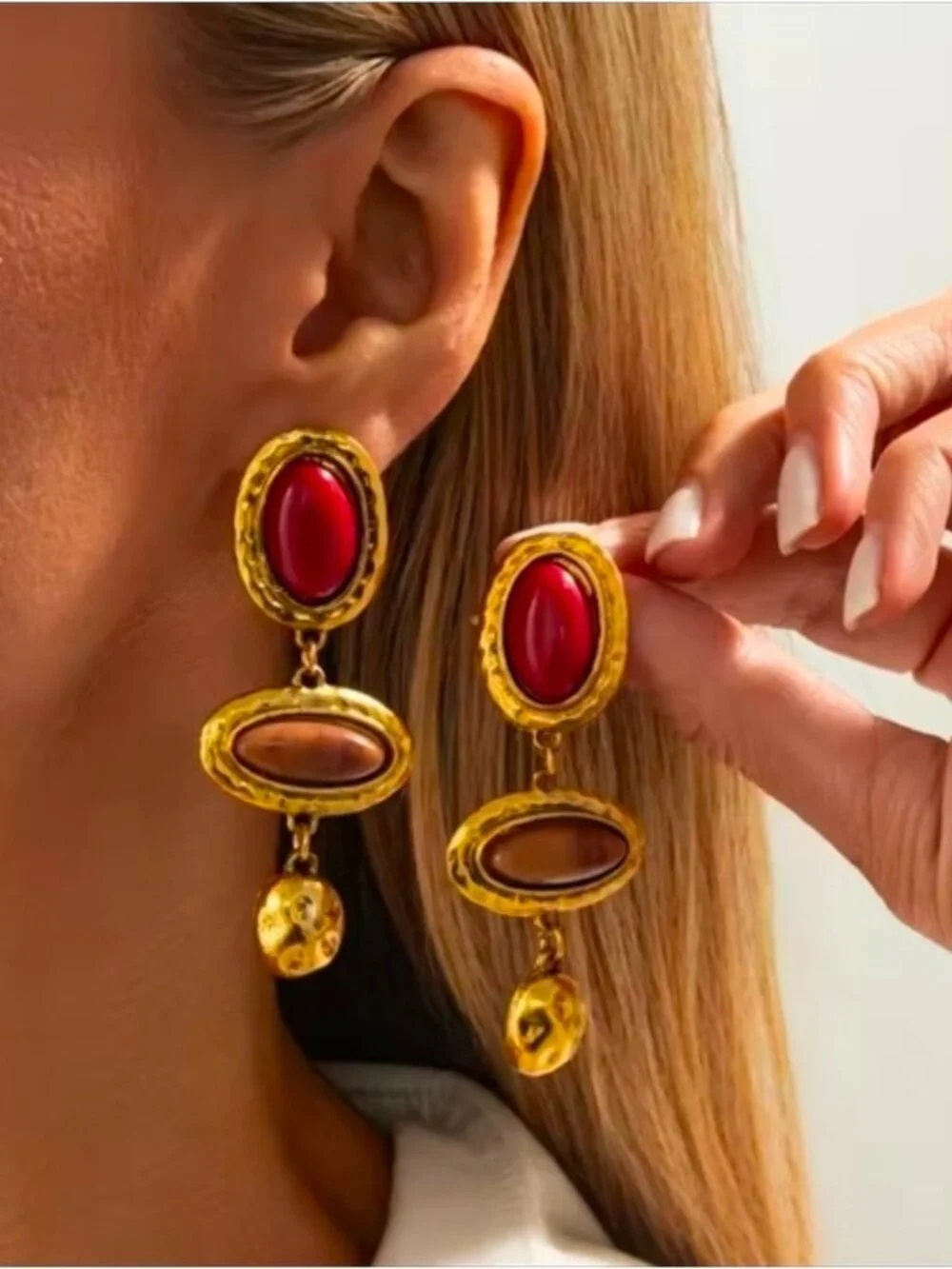 Gold Drop Earrings with Red and Brown Stones